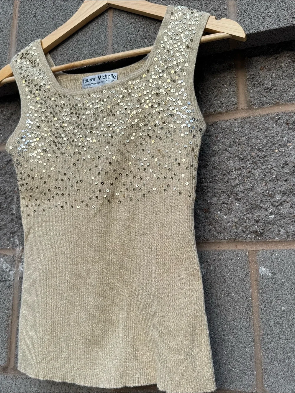 Women’s Vintage Y2K Lauren Michelle Gold Metallic Knit Sequins Tank Top Medium